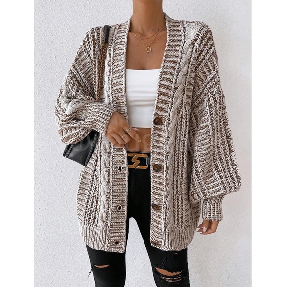 Oversized Mocha Brown Cable Knit Cardigan Long Sleeves Hip Length Buttoned - Picture 7 of 12